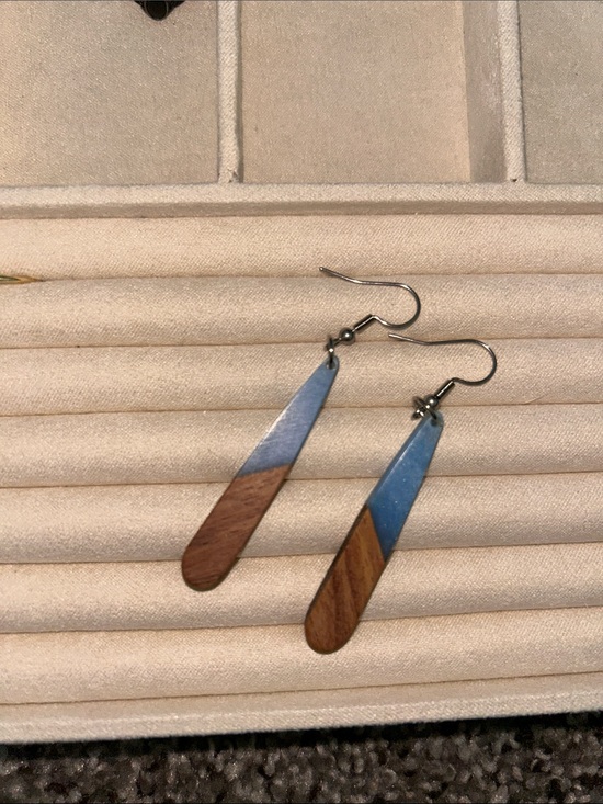 Jewelry - Blue resin and Brown Wood Inlay Drop Earrings - Womens Jewelry